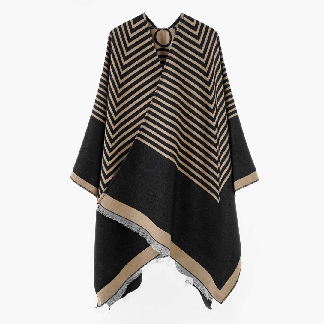 Damen Oversize-Poncho aus Wollmix im Chevron-Jacquard mit offenem V-Ausschnitt Drune