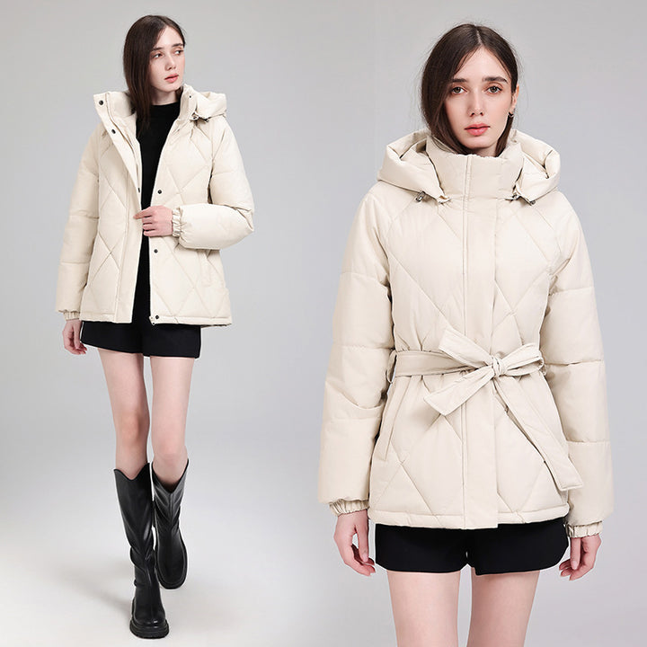 Damen nan luxuriöse kurze Pufferjacke mit integriertem Windschutzkragen und Taillengürtel Drune