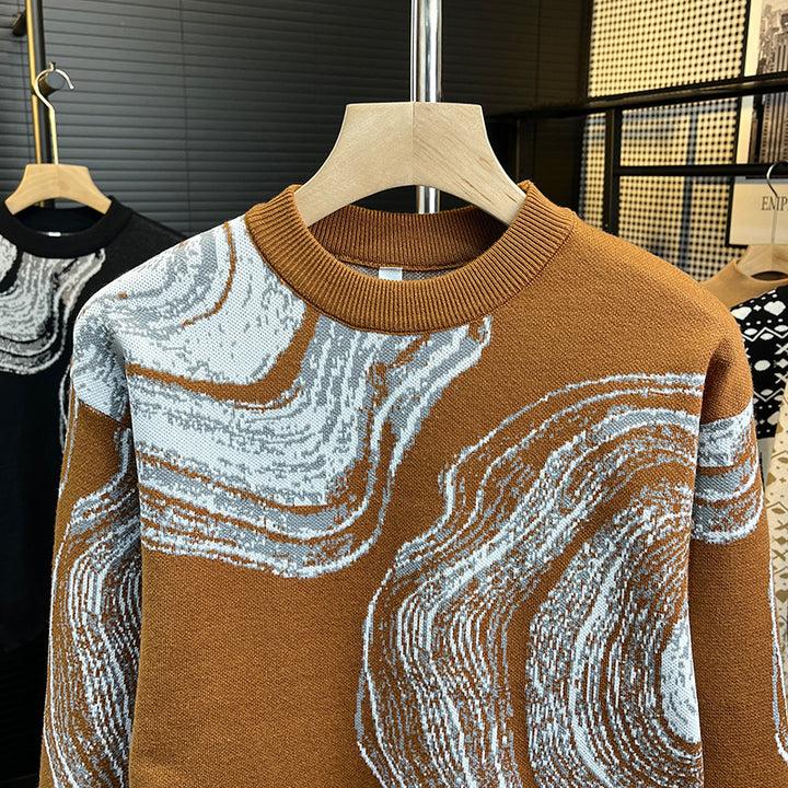 Herren Grobgestrickter Rundhalspullover mit abstraktem Marmor-Jacquard Drune