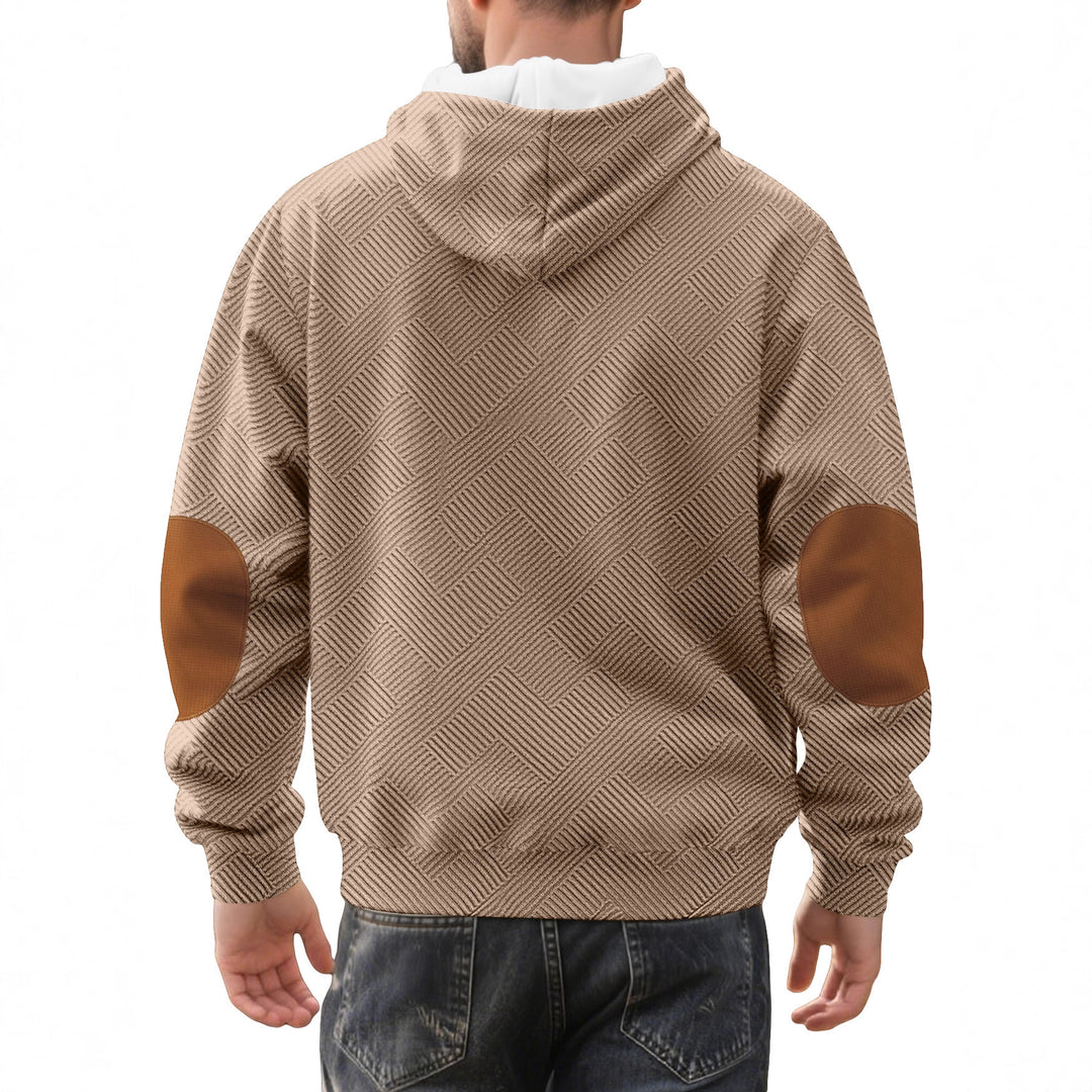 Herren nan strukturierter Kapuzen-Henley-Pullover mit Jacquardstruktur, Knopfleiste und Ellenbogenpatches Drune