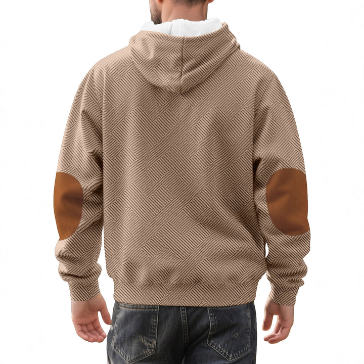 Herren nan strukturierter Kapuzen-Henley-Pullover mit Jacquardstruktur, Knopfleiste und Ellenbogenpatches Drune