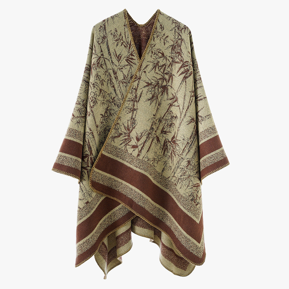 Damen Grobgewebter Jacquard-Capeponcho mit Bambusmotiv und asymmetrischem Zipfelsaum Drune