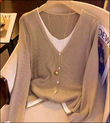 Damen lässige Strickjacke mit tiefem V-Ausschnitt und feiner Struktur Drune