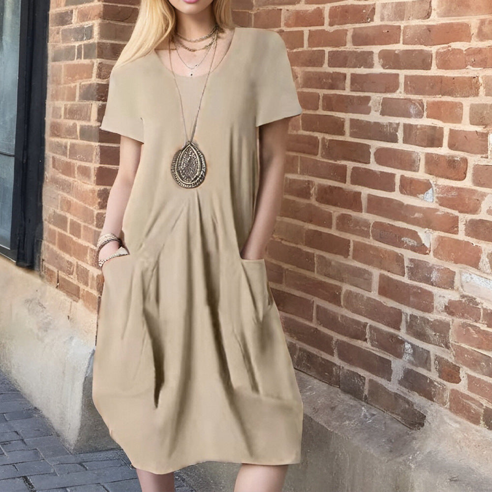 Damen lässiges Kurzarm-Kleid mit seitlichen Taschen und lockerem Schnitt Drune