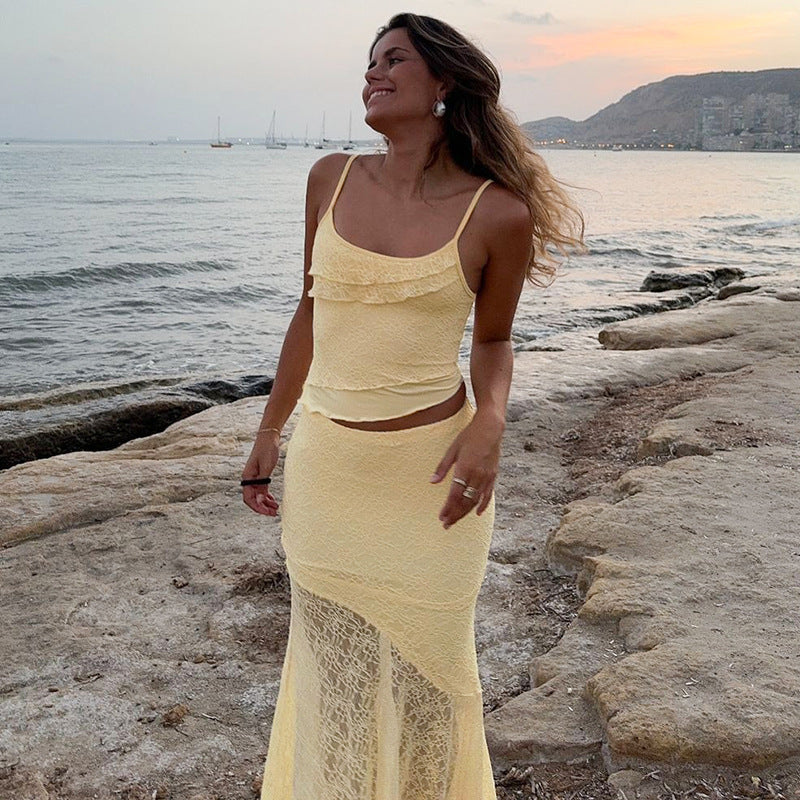 Damen Maxikleid mit transparentem Spitzensaum und raffinierten Rüschendetails Drune