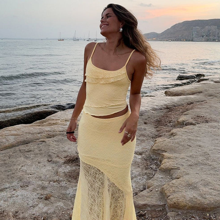 Damen Maxikleid mit transparentem Spitzensaum und raffinierten Rüschendetails Drune