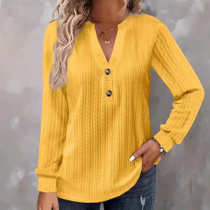 Damen Strukturiertes V‑Neck Langarmshirt mit Zierknopfleiste Drune