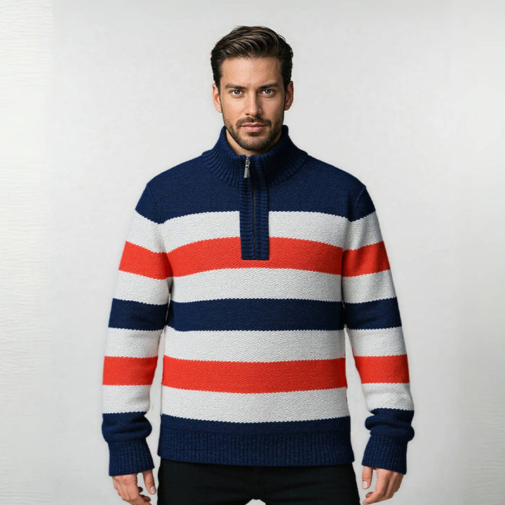 Herren modischer Stehkragen Pullover mit dekorativen Streifen Drune