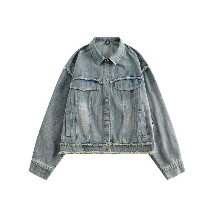 Unisex Oversize Denim-Blousonjacke mit Fransenabschlüssen und Utility-Taschen Drune