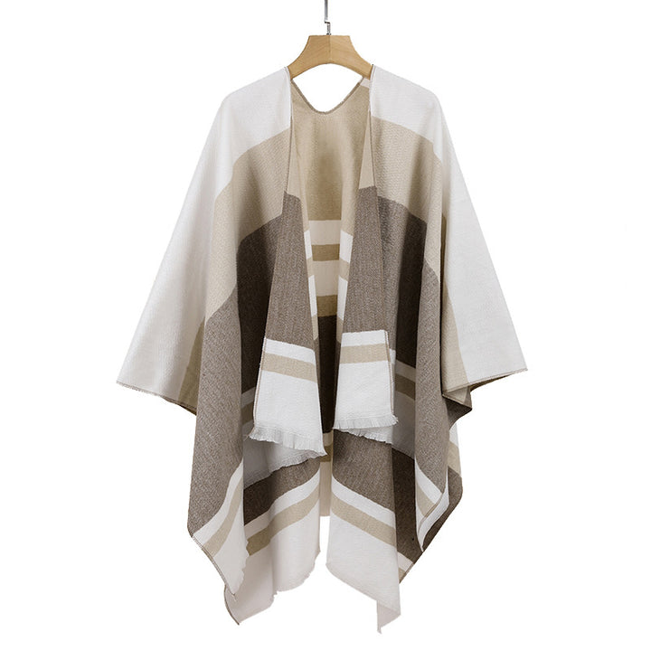 Damen Leichter Capeponcho aus Feinstrick mit geometrischem Blockstreifen-Design Drune