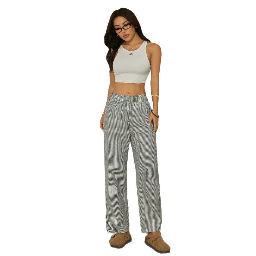 Damen Leinenoptik-Relaxhose mit High-Waist, Kordelzug und Nadelstreifen Drune