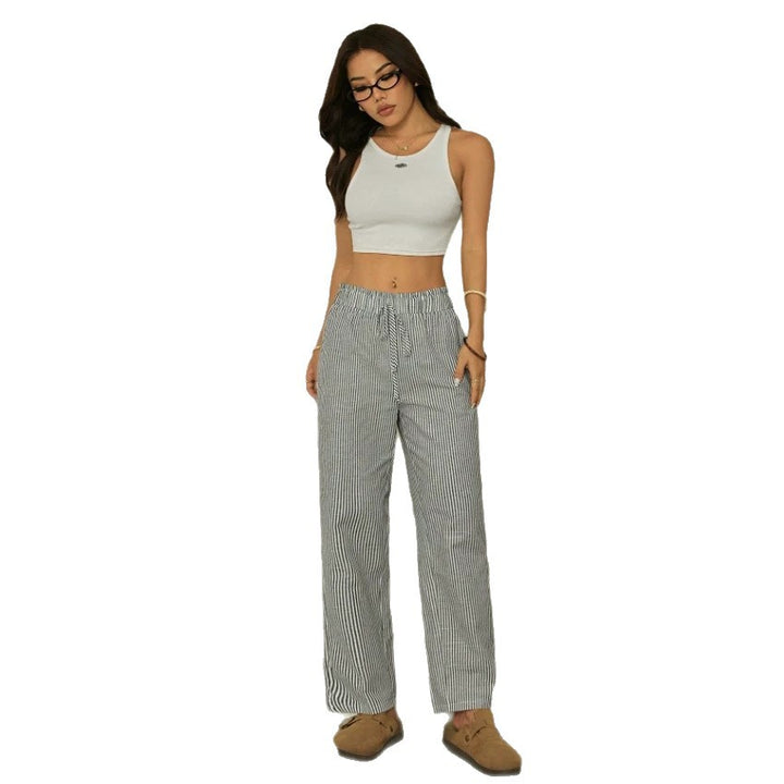 Damen Leinenoptik-Relaxhose mit High-Waist, Kordelzug und Nadelstreifen Drune