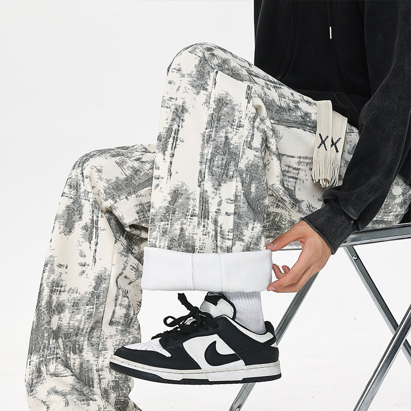 Herren Weit geschnittene Loungehose mit abstraktem Allover‑Print, elastischem Bund und Tunnelzug Drune