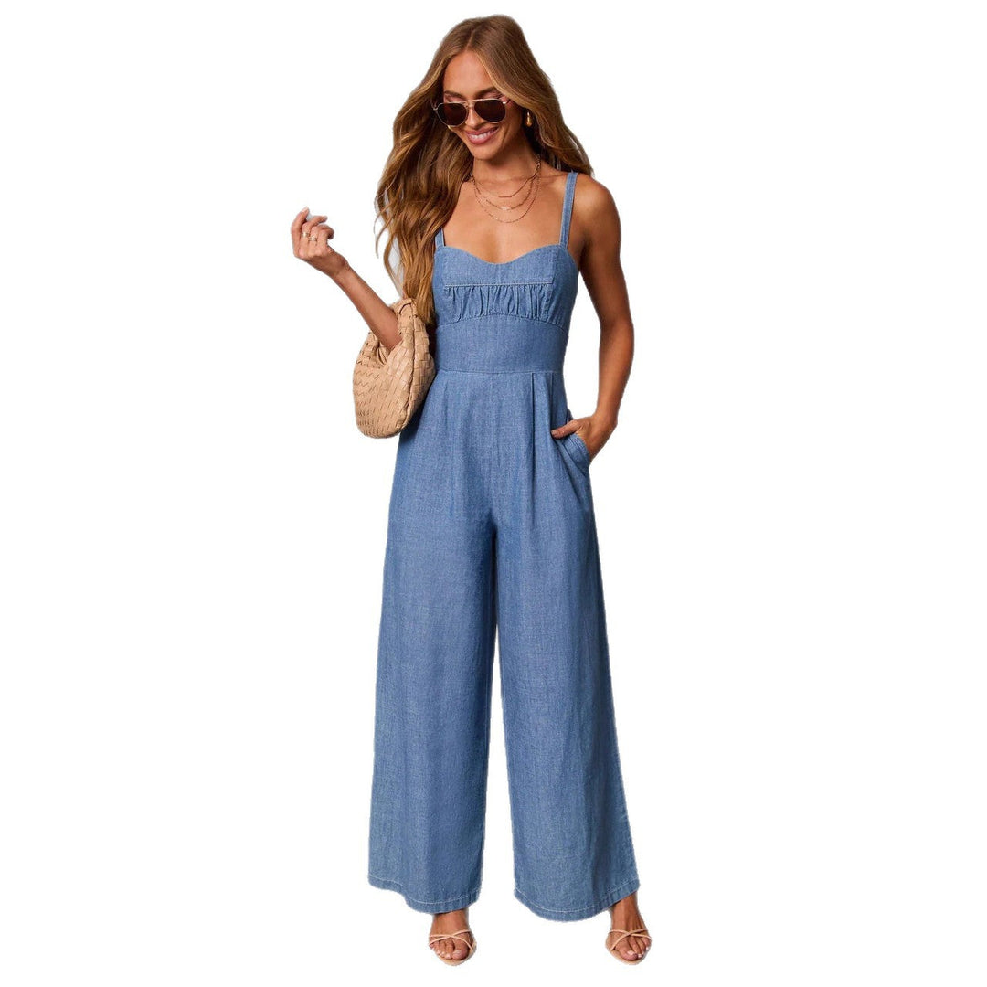 Damen lässiger Denim-Jumpsuit mit elegantem Bustier-Oberteil und weitem Bein Drune
