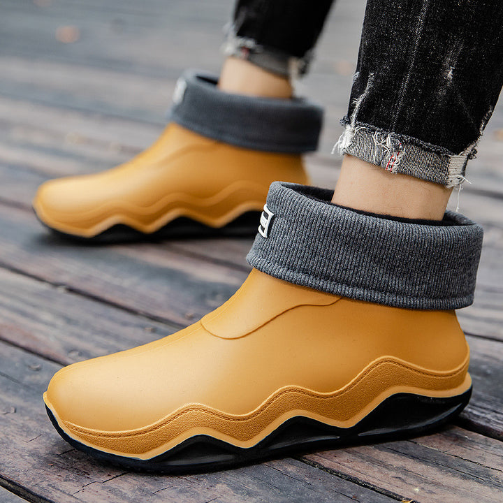 Damen Wasserdichte Slip-On Ankle‑Gummistiefelette mit umgeschlagenem Strickkragen Drune