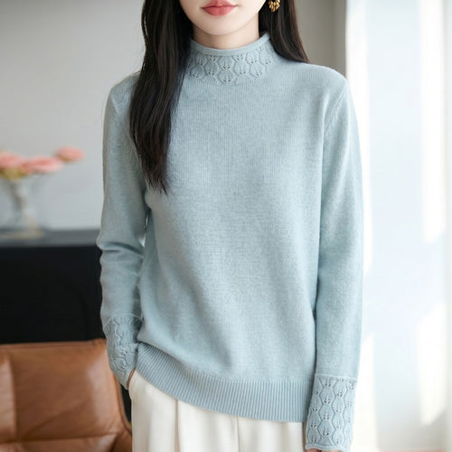Damen Mockneck-Feinstrickpullover mit Ajour-Detail an Kragen und Bündchen Drune