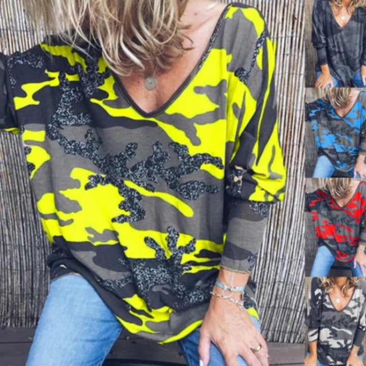 Damen Oversize V‑Ausschnitt Longshirt mit Camouflage‑Print und Glitzerbesatz Drune