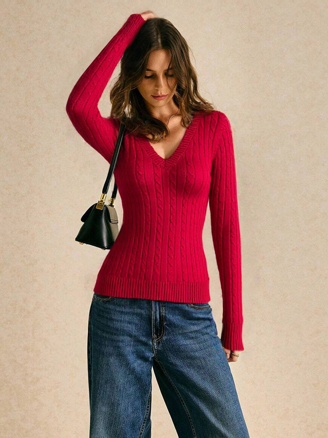 Damen figurbetonter Zopfmuster‑Pullover mit V‑Ausschnitt und taillierender Rippstruktur Drune