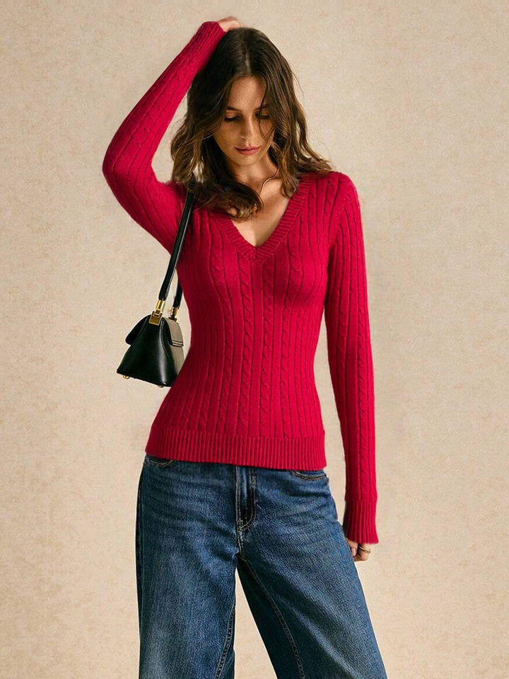 Damen figurbetonter Zopfmuster‑Pullover mit V‑Ausschnitt und taillierender Rippstruktur Drune