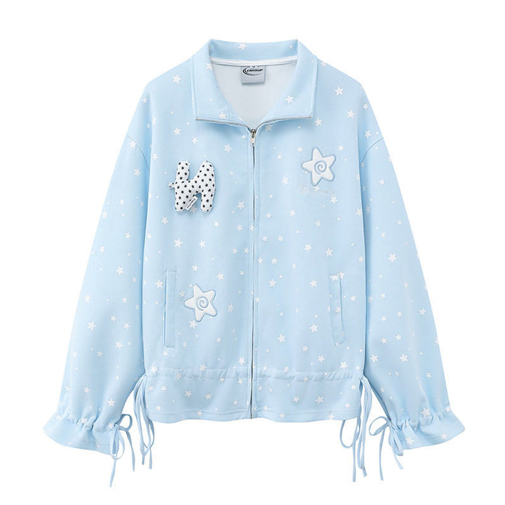 Damen leichte Stehkragen-Sweatjacke mit Sternen-Allover, Applikationen und Kordelzug Drune