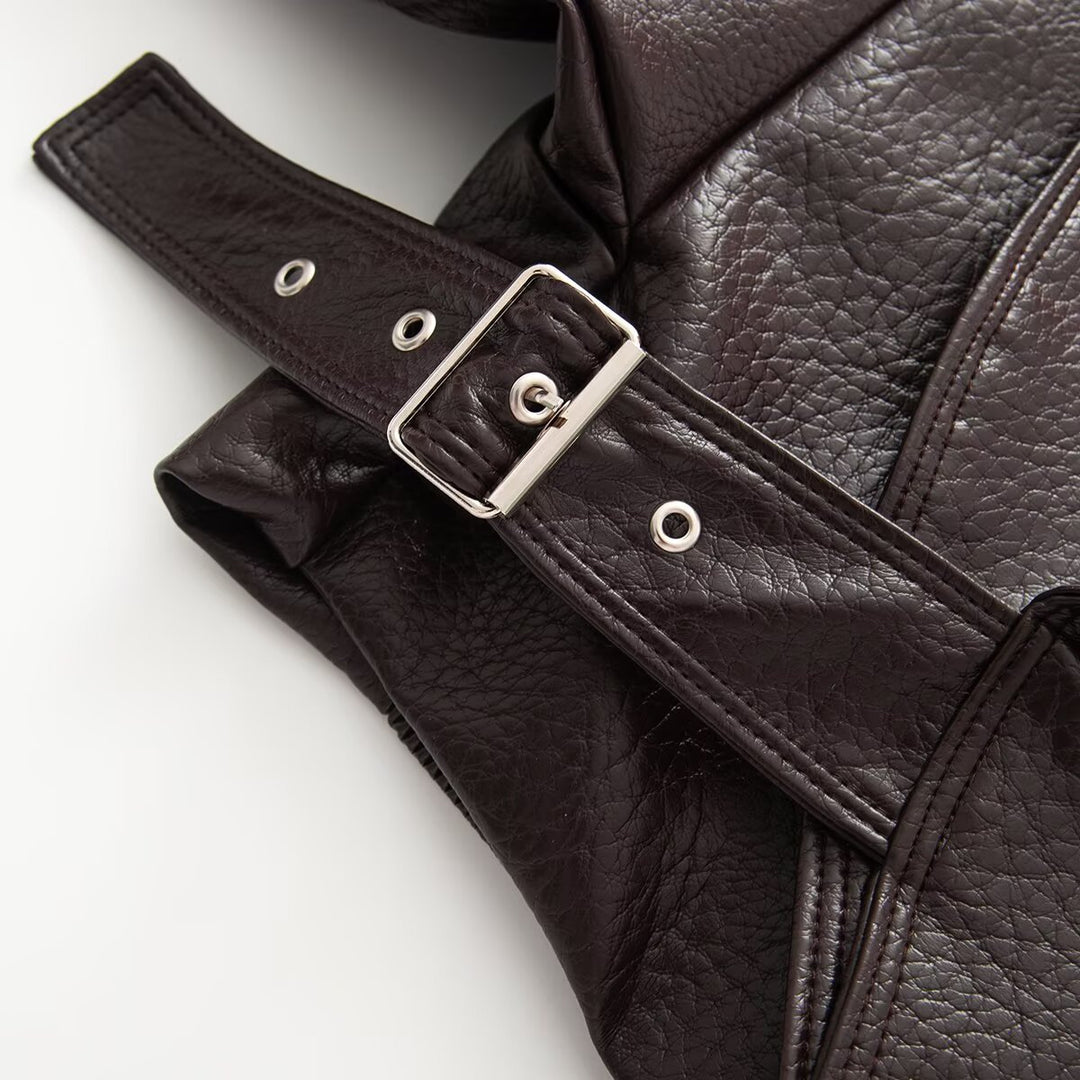 Damen Kurzgeschnittene Wickeljacke aus Lederoptik mit großem Schalkragen und Taillengürtel Drune