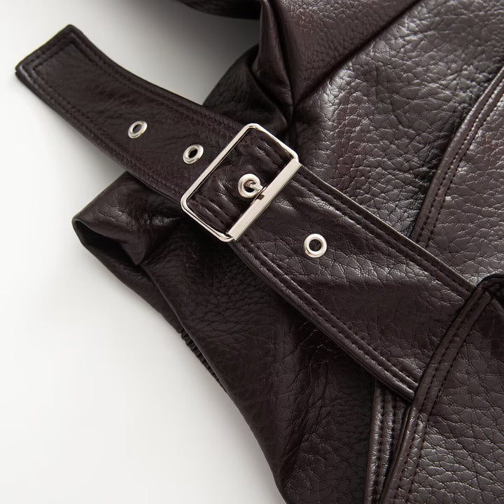 Damen Kurzgeschnittene Wickeljacke aus Lederoptik mit großem Schalkragen und Taillengürtel Drune