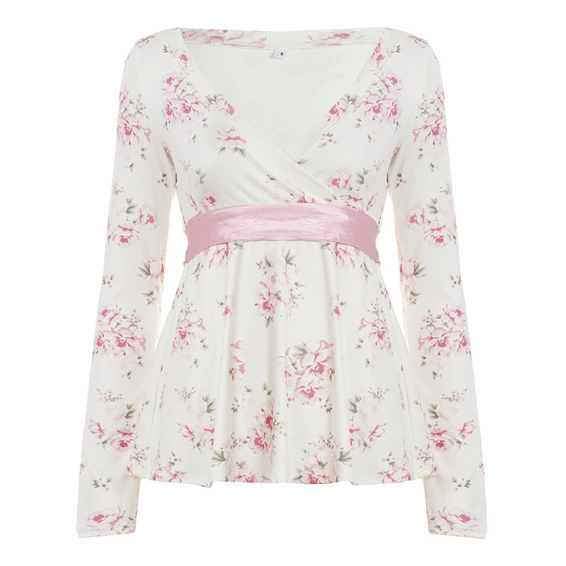 Damen nan florales Wickelshirt mit V-Ausschnitt, tailliertem Empire-Schnitt und breitem Satinband Drune