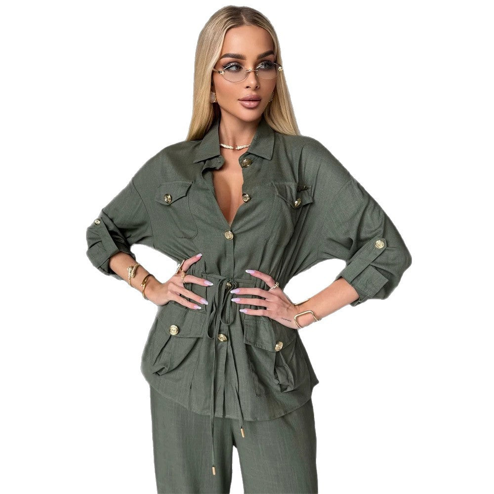 Damen Leinenoptik Utility-Hemdjacke mit Tunnelzugtaillierung und goldenen Zierknöpfen Drune