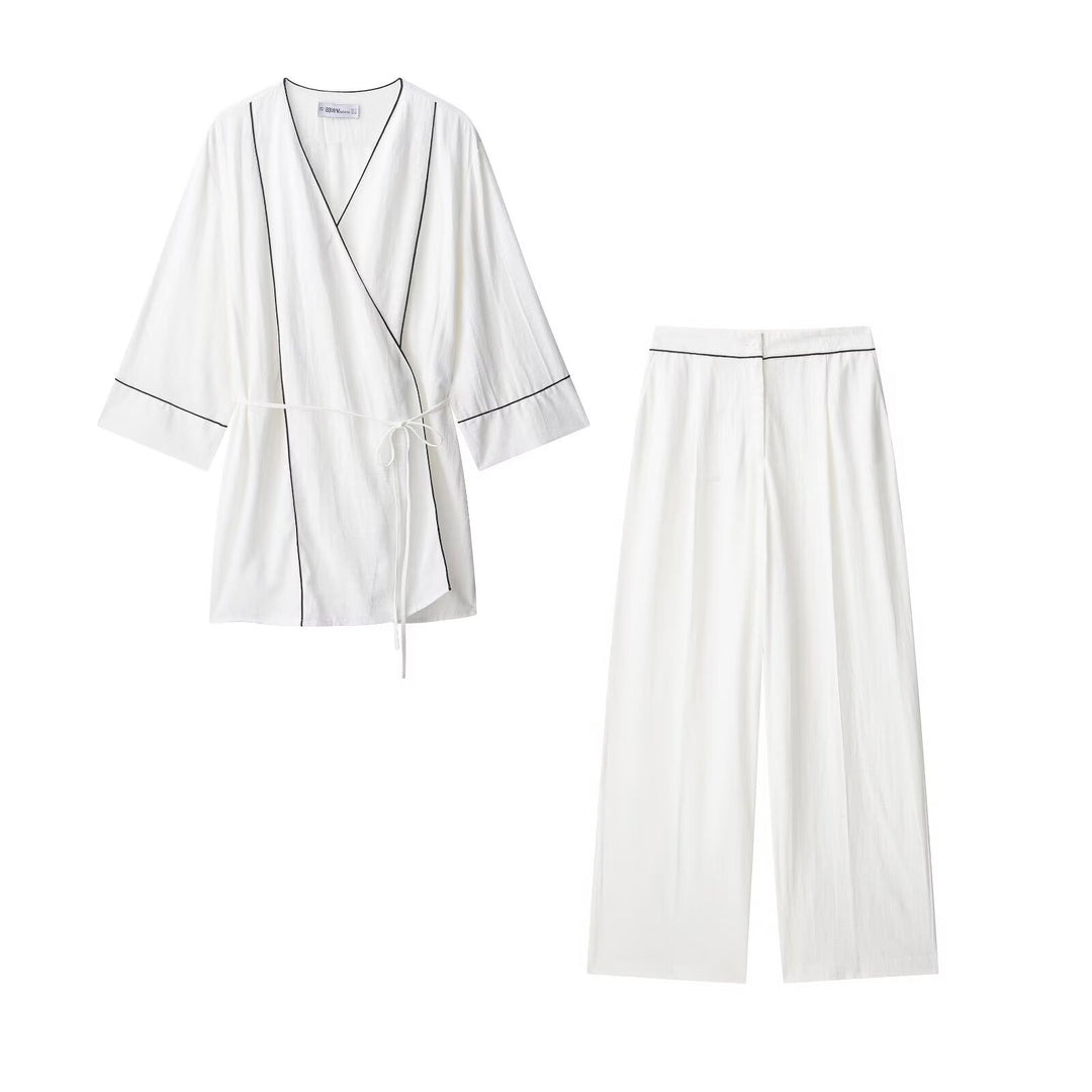 Damen Kimono-Cardigan mit Bindegürtel und Kontrastpaspel Drune