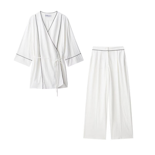 Damen Kimono-Cardigan mit Bindegürtel und Kontrastpaspel Drune