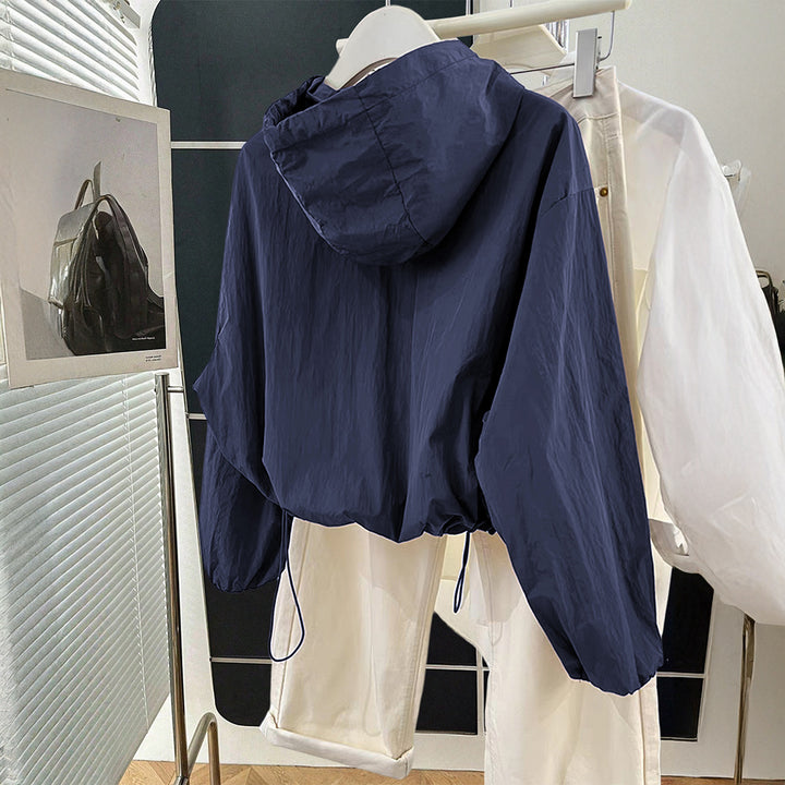 Damen nan leichtgewichtige Kapuzen-Übergangsjacke mit Tunnelzugbündchen und Ballonärmeln Drune