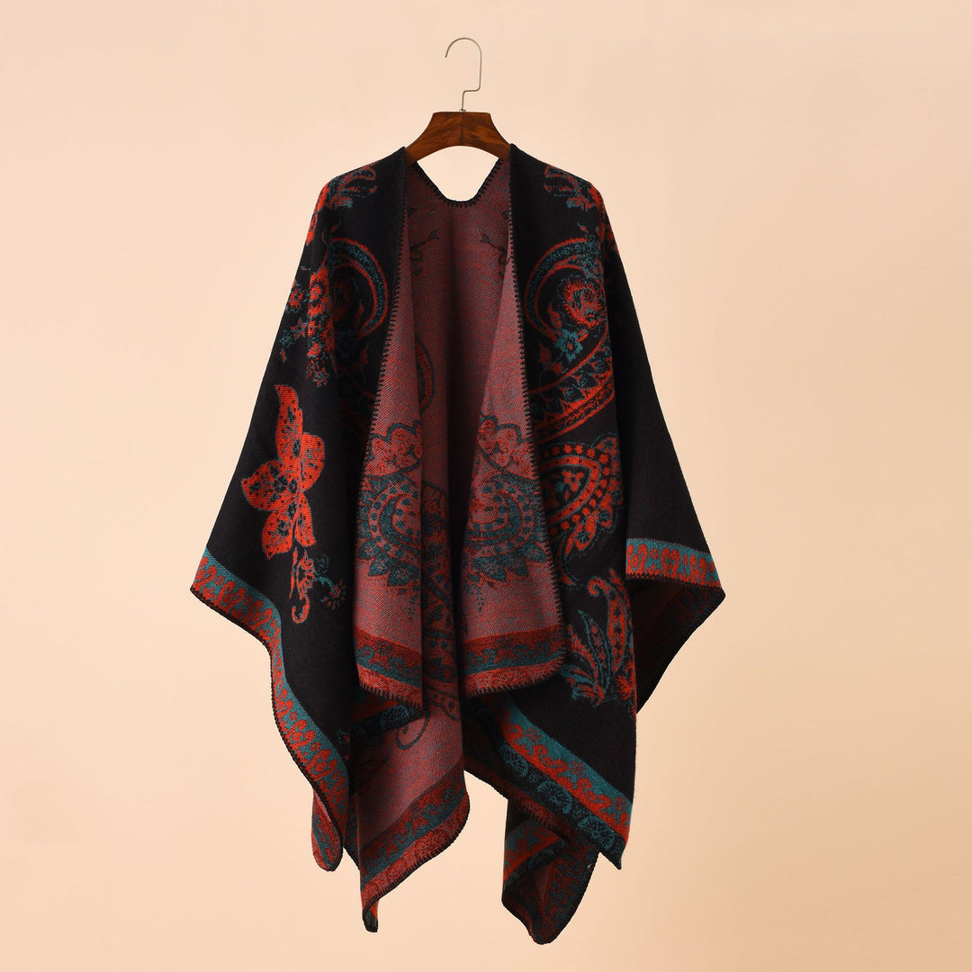 Damen Oversize Strickponcho mit Paisley-Muster und offenem Fall Drune