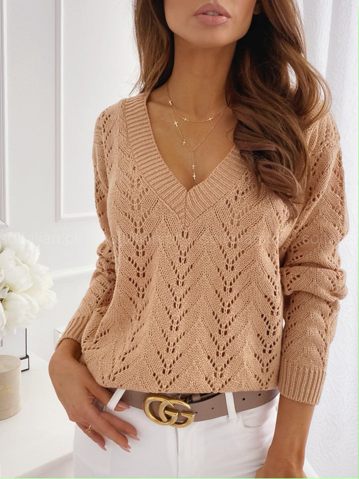Damen V-Ausschnitt Strickpullover mit romantischem Zopfmuster Drune