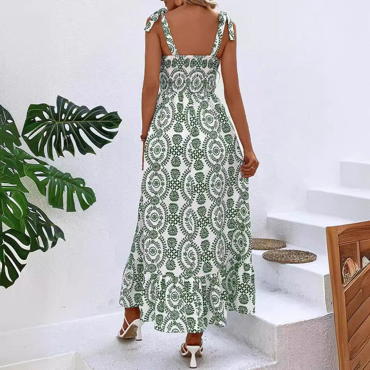 Damen Maxikleid mit Smok-Bustier, Bindeträgern und seitlichem Beinschlitz Drune
