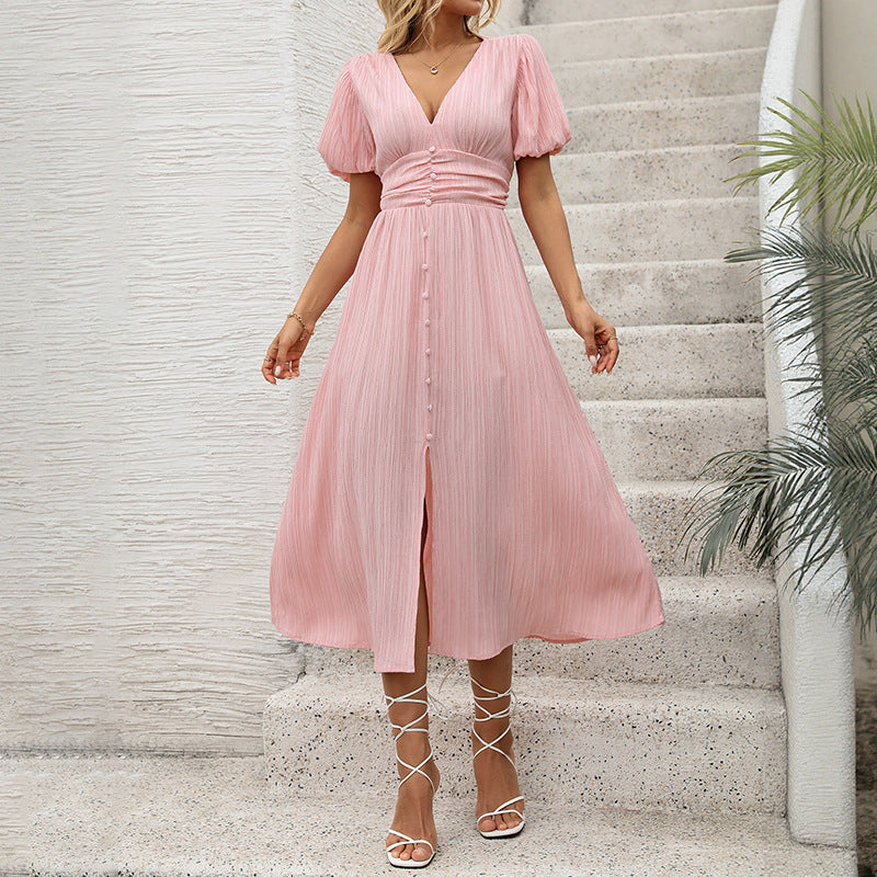 Damen Figurumschmeichelndes Midikleid mit Rippstruktur, Puffärmeln und V‑Ausschnitt Drune