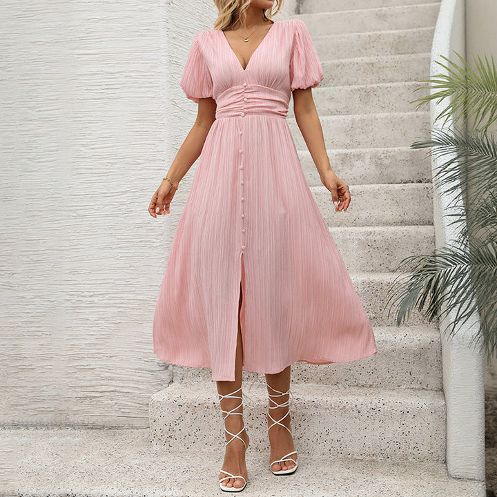 Damen Figurumschmeichelndes Midikleid mit Rippstruktur, Puffärmeln und V‑Ausschnitt Drune