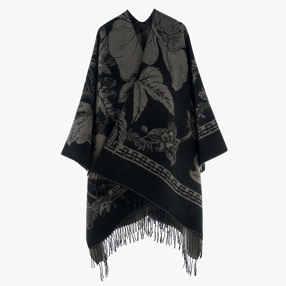 Damen Leichter Jacquard‑Poncho mit floralem Allovermuster, asymmetrischem Zipfelsaum und Fransen Drune
