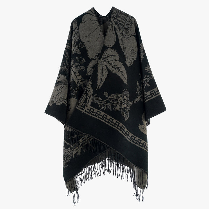 Damen Leichter Jacquard‑Poncho mit floralem Allovermuster, asymmetrischem Zipfelsaum und Fransen Drune