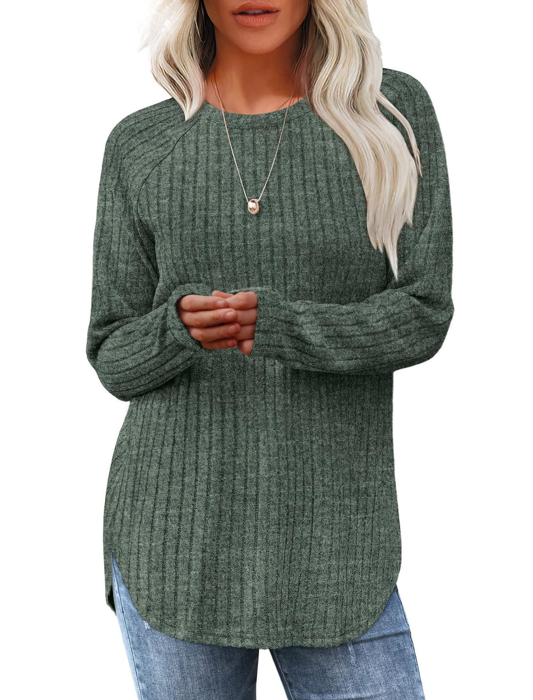 Damen gerippter Strickpullover mit Rundhalsausschnitt Oversize-Passform und Seitenschlitzen Drune