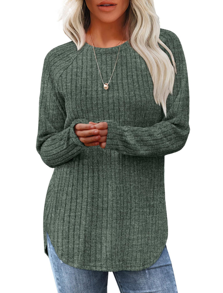 Damen gerippter Strickpullover mit Rundhalsausschnitt Oversize-Passform und Seitenschlitzen Drune