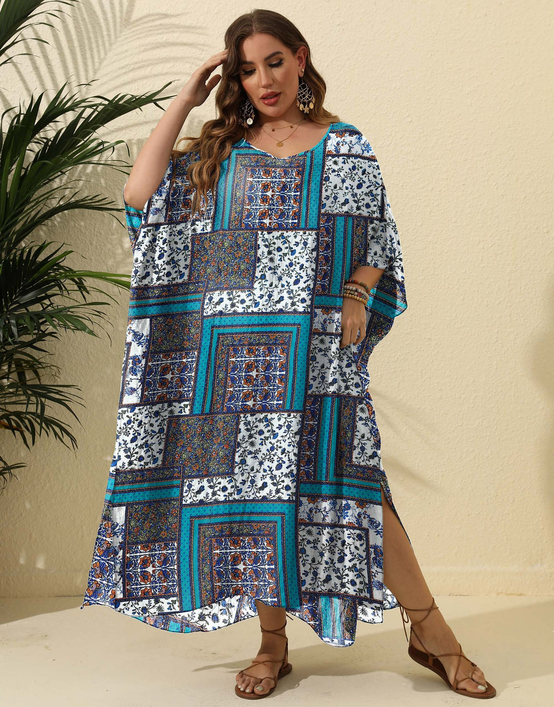 Damen luftiges Maxikleid mit farbenfrohem Patchwork-Design Drune