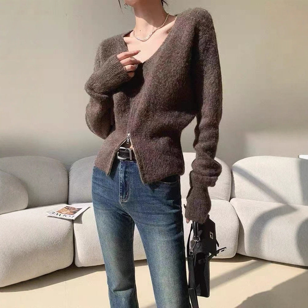 Damen Modische Strickjacke mit tiefem V-Ausschnitt und Reißverschluss Drune