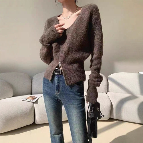Damen Modische Strickjacke mit tiefem V-Ausschnitt und Reißverschluss Drune