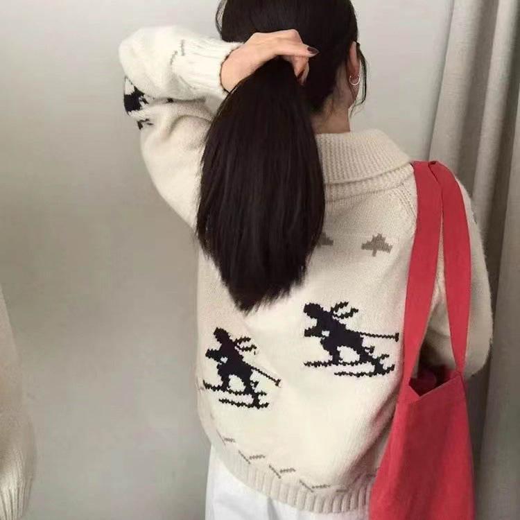 Damen Kuschelige Strickjacke mit tierischem Muster und Reißverschluss Drune