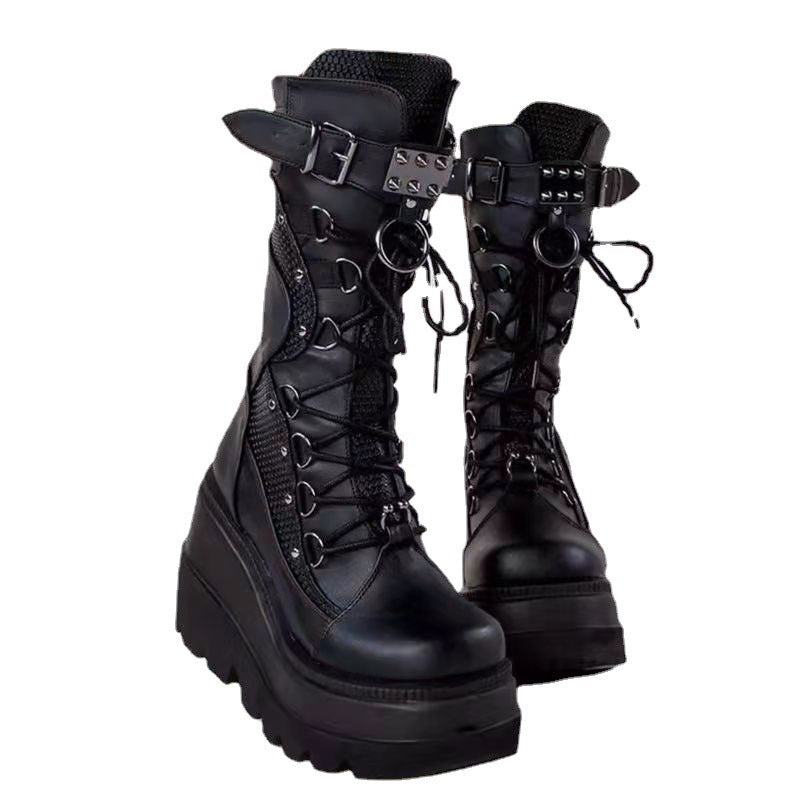Damen Plateau-Schnürstiefel mit klobiger Lug-Sohle, Netzbesatz und verstellbaren Schnallen Drune