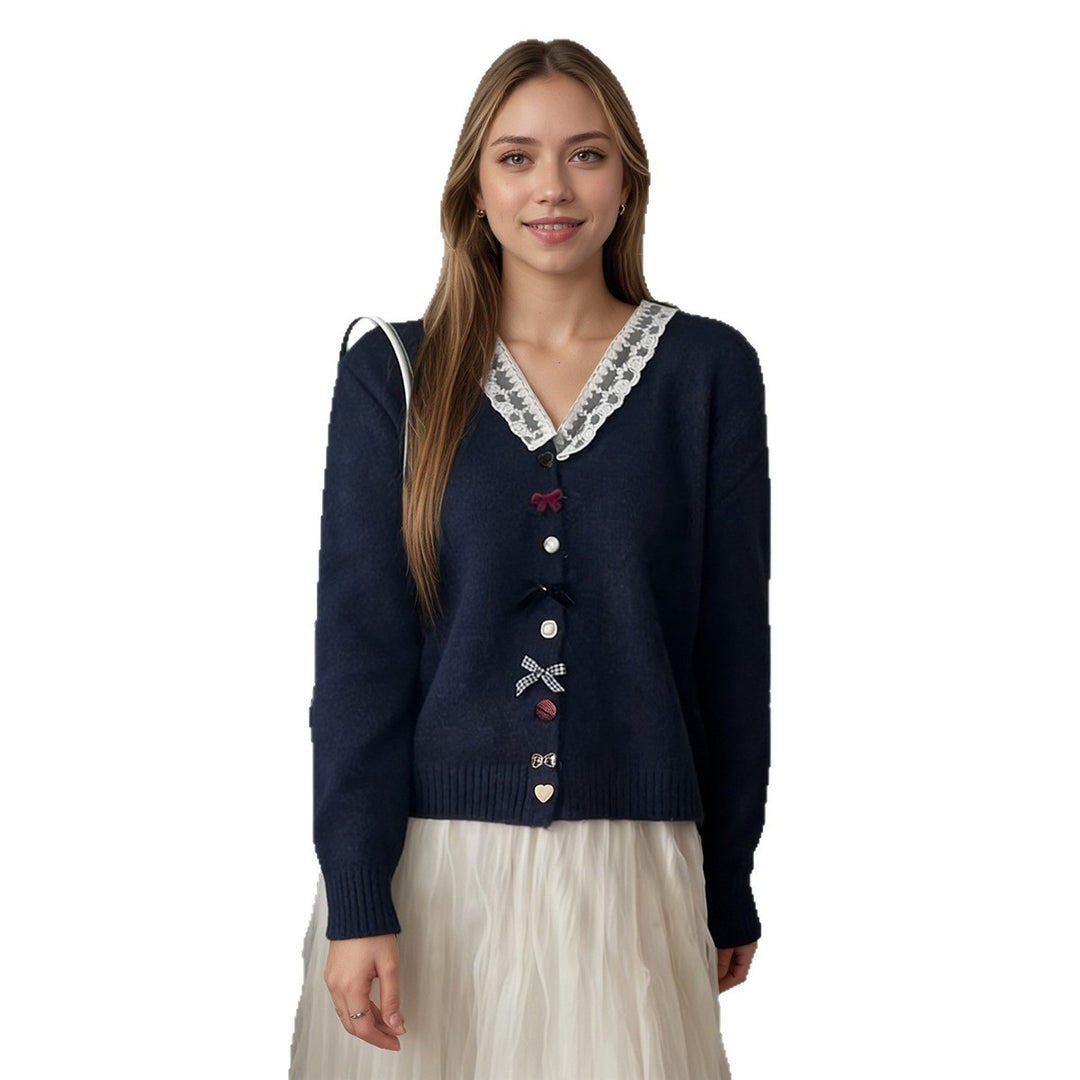 Damen Verspielter Strickcardigan mit Rüschen und Knopfdetails Drune