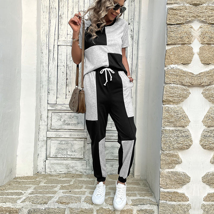 Damen Zweiteiler Freizeit-Set aus Baumwollmix mit Colorblock-Shirt und Jogginghose Drune