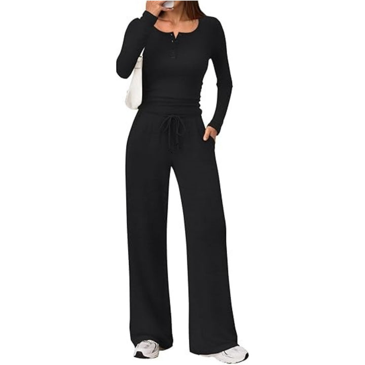 Damen Zweiteiliges Feinstrick-Lounge-Set mit Henley-Top und Palazzo-Hose Drune