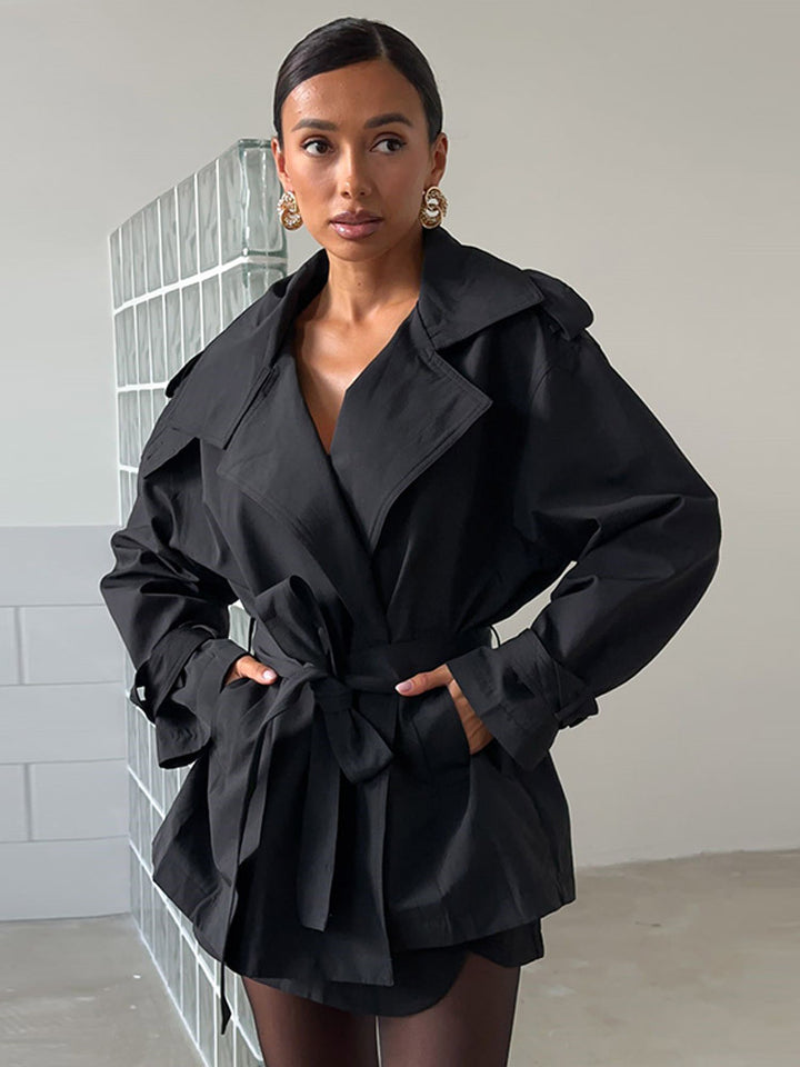 Damen Modische Kurztrenchjacke mit Taillenknoten und großzügigen Taschen Drune