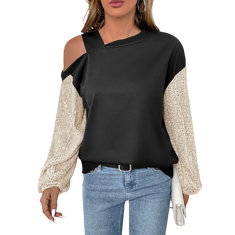 Damen Asymmetrisches Sweatshirt mit Schulterauschnitt und Paillettenstrickärmeln Drune